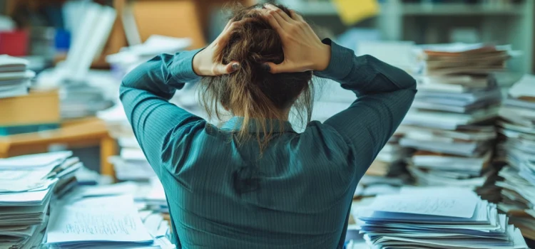 Can Stress Cause Chronic Pain? Here’s How It Can A woman holding her head surrounded by paperwork, showing how stress causes chronic pain
