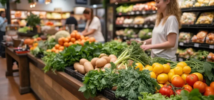 4 Powerful Benefits of a Whole-Food, Plant-Based Diet A woman shopping in the produce section of a market illustrates the benefits of a whole-food plant-based diet