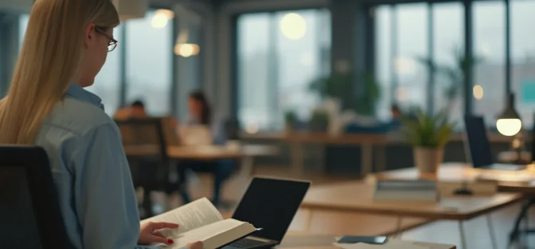 David Ogilvy Confessions of an Advertising Man: Overview A woman with glasses and long blonde hair reading a book at her desk in an open workspace