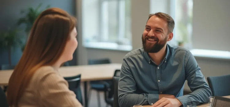 How to Satisfy Clients: 5 Tips From “the Father of Advertising” A smiling man talking with a woman in a conference room illustrates how to satisfy clients