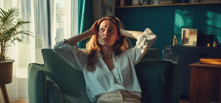 The 3 Negative Thought Patterns That Are Causing You to Age A middle aged woman sitting on a couch in a living room. She looks stressed and is clutching her head, representing her negative thought patterns