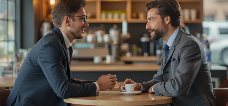 How to Get Clients for a Marketing Agency (David Ogilvy) Two professional men in suits meeting at a cafe illustrates how to get clients for a marketing agency