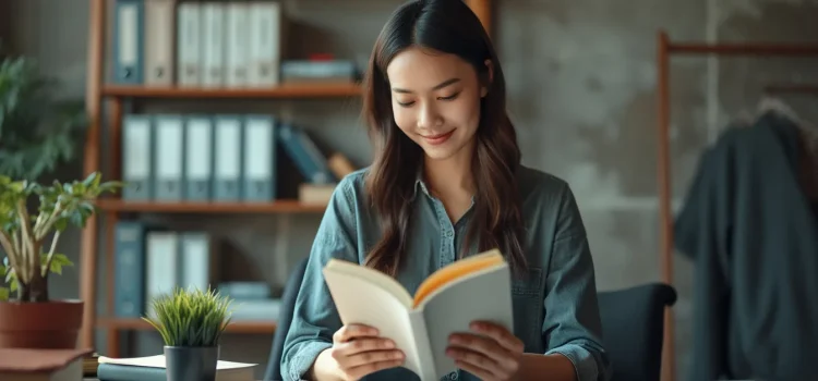 The Vision Driven Leader by Michael Hyatt: Book Overview A woman with long black hair smiling and reading a book in her office with a bookshelf and coat rack in the background