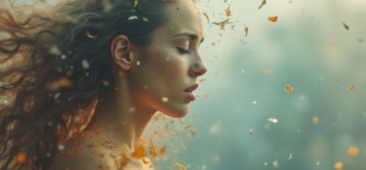 What Is Somatic Experiencing for Trauma? (Peter Levine) A woman with blonde curly hair closing her eyes as bits of red material wash over her depicts what Somatic Experiencing is