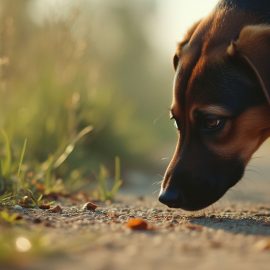 A dog sniffing something on the ground illustrates the sense of smell in animals