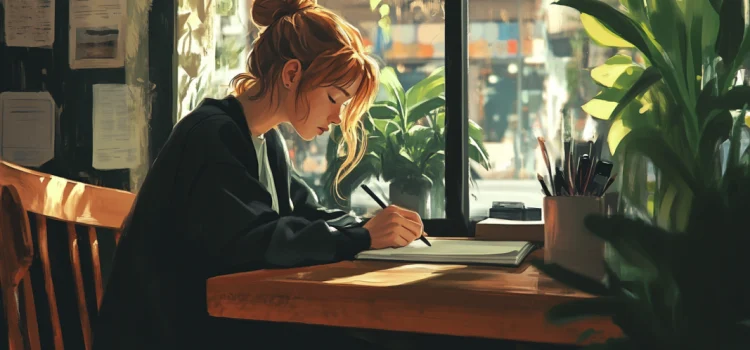 An artistic image of a girl writing in a notebook in a cafe, learning how to build a story