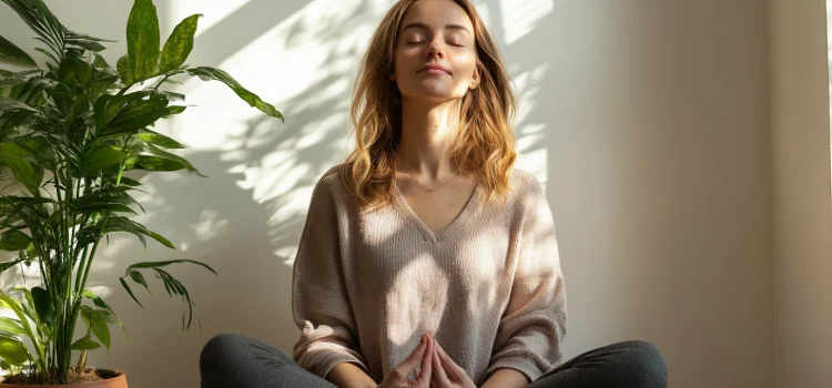 How to Practice Mindfulness in Everyday Life (Monica Sweeney) A woman meditating in her room beside a plant, practicing mindfulness in everyday life