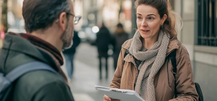 The Top 5 Network Marketing Recruitment Strategies A woman practicing a network marketing recruitment strategy on a man on the street