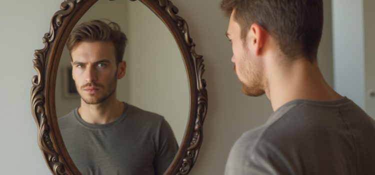 How Self-Justification Harms Your Self-Perception & Growth A confident and serious young man looking at himself in an oval mirror with a wood frame illustrates self-justification