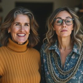 A kind, smiling woman standing next to a harsh, unhappy woman illustrates the question, "What is splitting in psychology?"