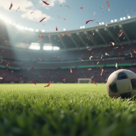 A soccer ball in the grass with huge crowds in the stands at a World Cup soccer tournament