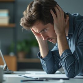 A stressed-out man sitting at a desk with his head in his hands illustrates the effects of anxiety on health