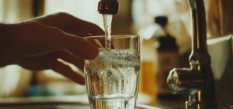 A hand filling a glass with water from the sink faucet, displaying the water fluoridation controversy