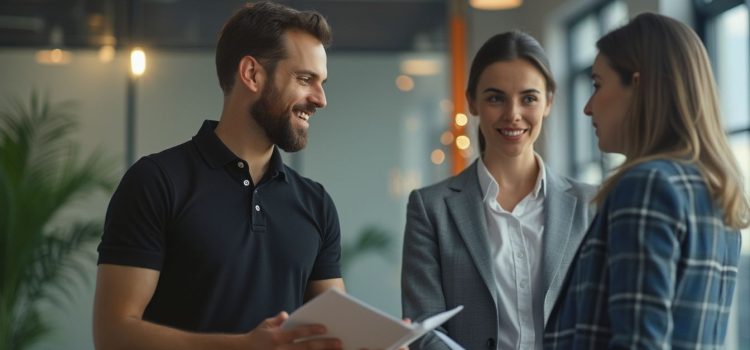 A manager chatting with two employees in an office space illustrates how to build trust as a leader
