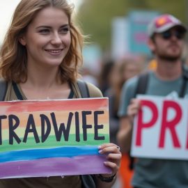 Activists with signs that say "#tradwife" and "PRIDE" illustrate the history of gender identity