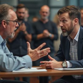 Two men having a spirited debate while an audience looks on illustrates different perspectives on gender