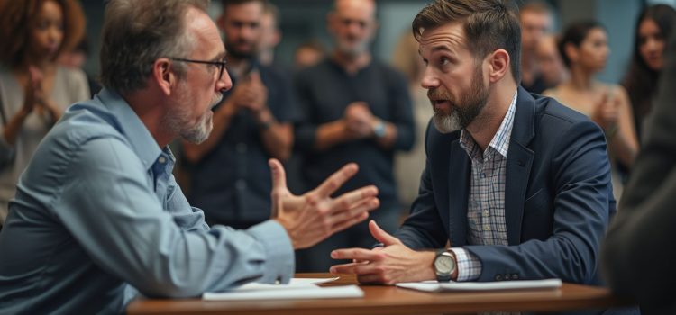 Two men having a spirited debate while an audience looks on illustrates different perspectives on gender