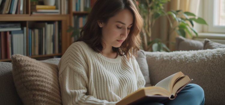 Young woman with brown hair wearing sweater and jeans reading a book on a couch at home