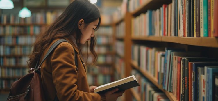 A young woman with long dark hair and a backpack looking at a book in a bookstore