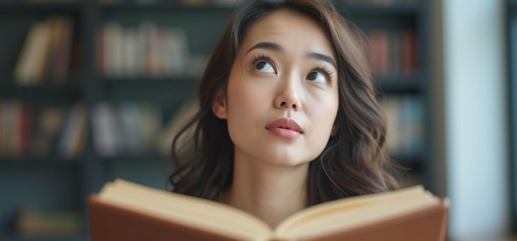 David McRaney’s You Are Not So Smart: Book Overview A woman with black hair holding an open book and looking up thoughtfully to consider what she's reading