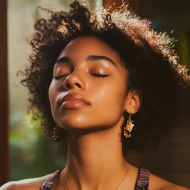 A woman who knows the importance of self-care, closing her eyes and meditating