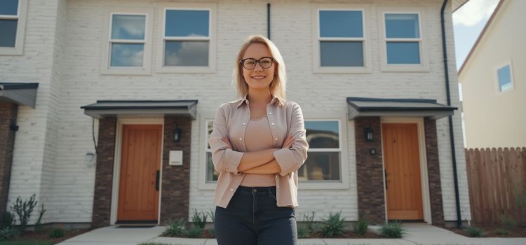 How to House Hack: 4 Considerations When Buying a Property A woman standing in front of a two-story duplex illustrates how to house hack