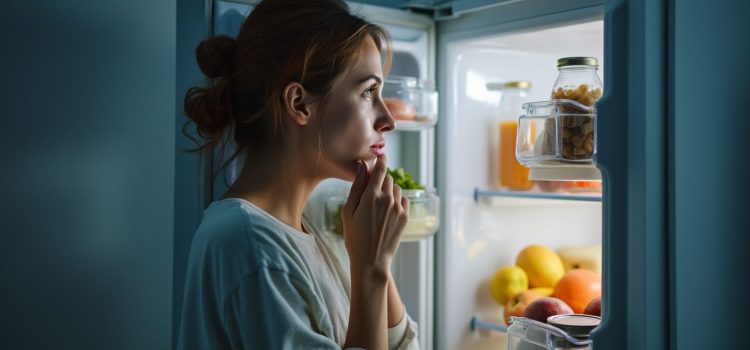 Willpower Fatigue: How to Preserve & Recharge Your Battery A woman looking in the refrigerator, trying to decide what to eat, illustrates willpower fatigue