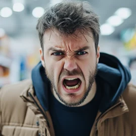 An aggressive male customer in a grocery store yelling