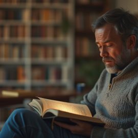 A man with a gray beard and sweater sitting on a couch and reading a book with a table and bookcases in the background