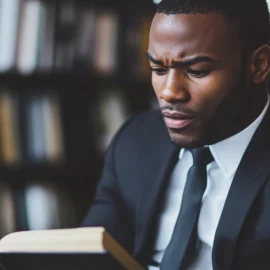 A business leader in a suit reading a book