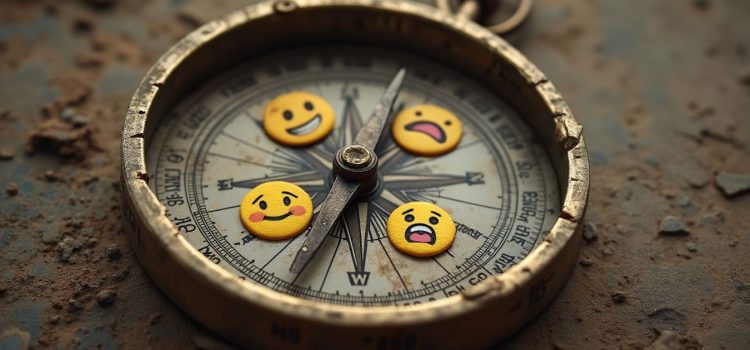 Trust Your Feelings—Especially Your Desires (Danielle LaPorte) A compass with smiley face emotions (joy, anger, peace, sadness) illustrates the advice to trust your feelings