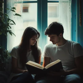 A couple reading a book together in front of a window