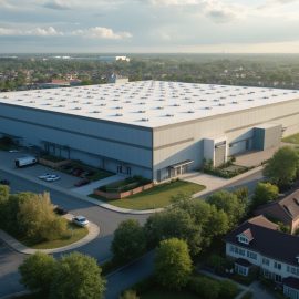 A large warehouse next to a suburban neighborhood illustrates the environmental impact of data centers