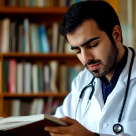 A doctor reading a book in front of a bookshelf