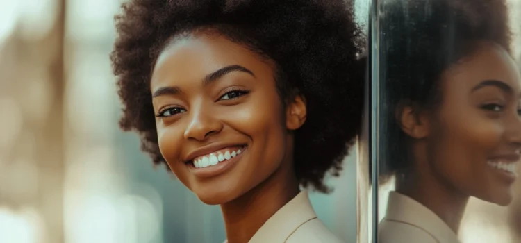 Leadership Identity: Balancing Authenticity & Adaptation A female business leader standing next to her reflection, thinking about her leadership identity