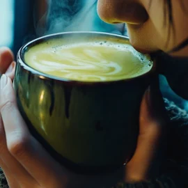 A young girl drinking a matcha latte out of a ceramic mug, considering the pros and cons of green tea