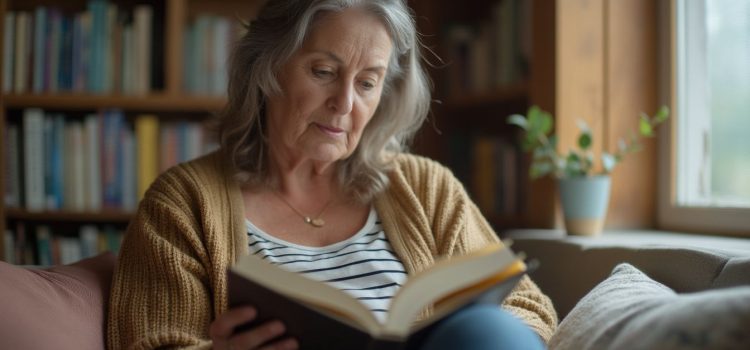 44 Chapters About 4 Men by B.B. Easton: Book Overview A gray-haired woman sitting on a couch at home and reading a book