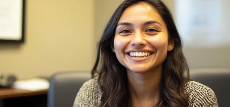 A woman who knows how to stand out in an interview, smiling in an office