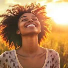 A happy woman in a field who's learned why mindfulness is important