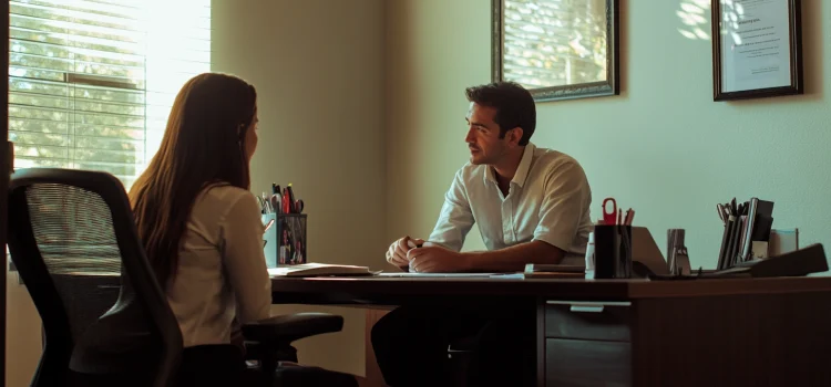 A man interviewing a woman in an office, showing how to answer interview questions confidently