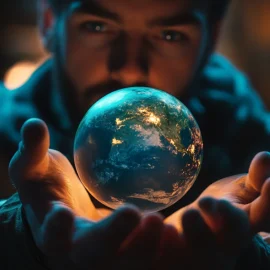 A man holding planet Earth in his hands, trying to geoengineer a solution for climate change