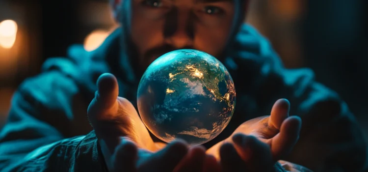 A man holding planet Earth in his hands, trying to geoengineer a solution for climate change