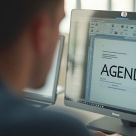 A man looking at the word "AGENDA" on a document on a computer screen illustrates an agenda for negotiation