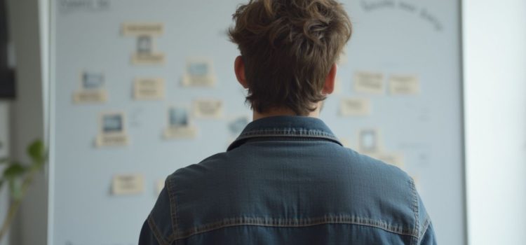Using Product Story Mapping to Uncover Underlying Assumptions A man, seen from behind, looking at product story mapping on a white board