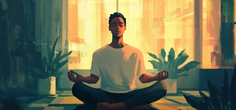A man meditating in a room lit by sun, trying to be more present in the moment