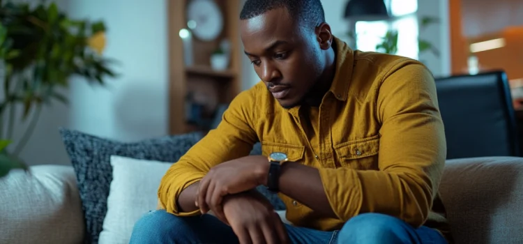 A man sitting on his couch and wearing a watch, trying to practice time management and productivity