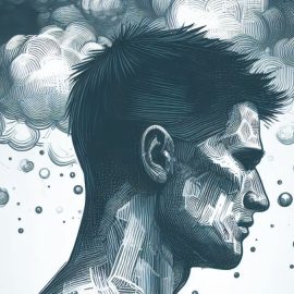 A sketch of a man's head with clouds representing thoughts illustrates rumination in psychology