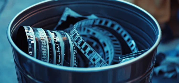 A roll of movie film in a trash can to signify that it was used as a tax write off in Hollywood