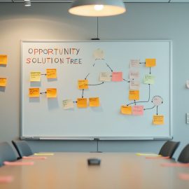 A conference room with a white board that has sticky notes, a flowchart, and the words "opportunity solution tree"