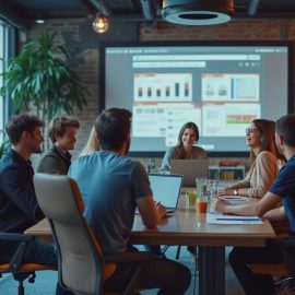 A product team working together on the product discovery process in a conference room